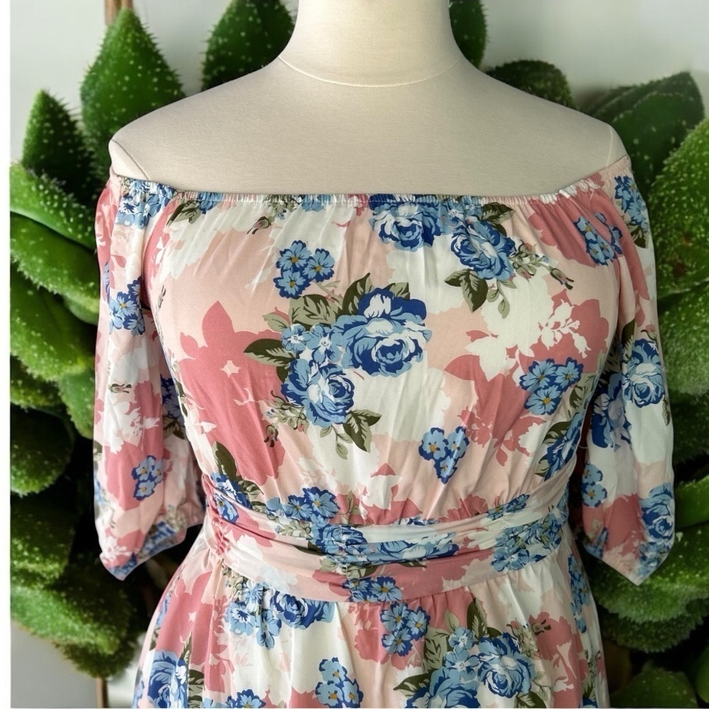 NWT!Floral Pink & Blue Off/On Shoulder Pocket Dress Size 10 or Medium - Picture 6 of 9